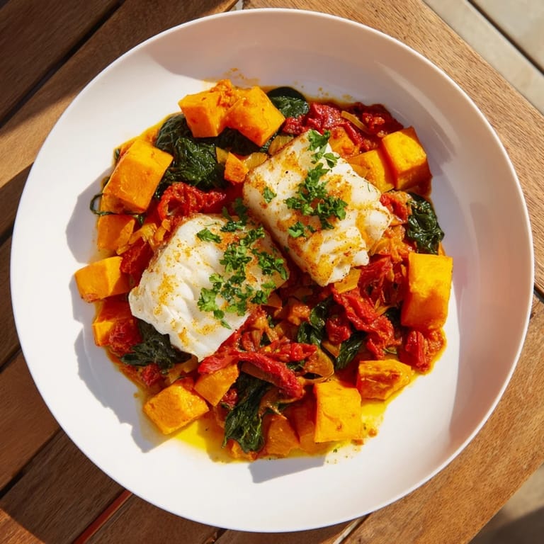 Freshly baked Baked Cod, served with vibrant roasted butternut squash and garnished with parsley.