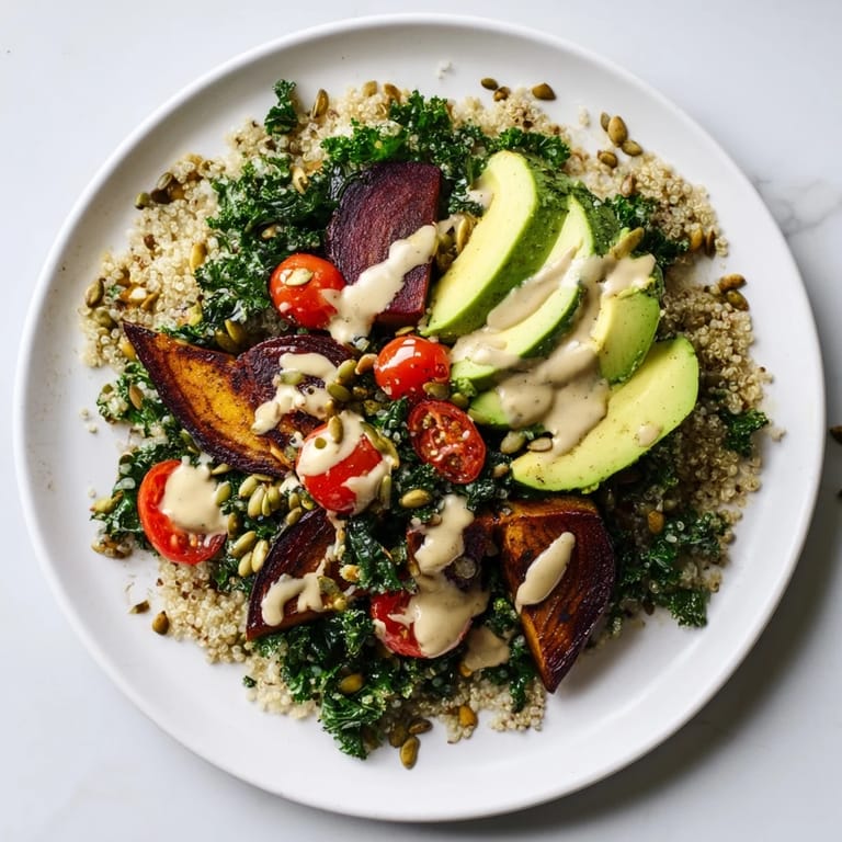 Vibrant image of a freshly made Quinoa, Kale & Roasted Beet Bowl, ideal for a nutritious lunch or dinner.