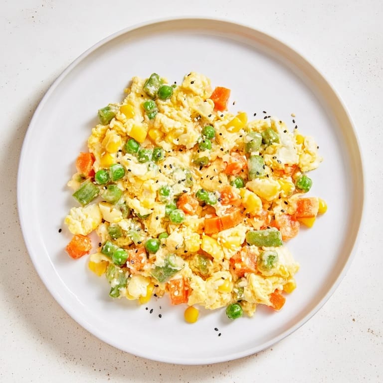A close-up shot of golden-brown Frozen Veggie Fried Rice garnished with fresh green onions.