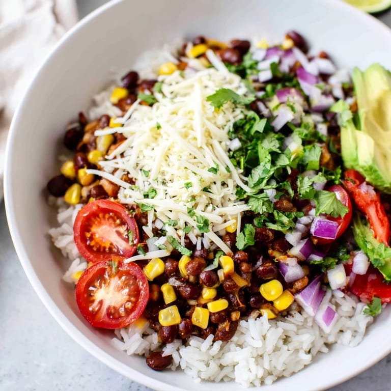 A close-up of a hearty Rice, Bean, and Corn Burrito Bowl, filled with textures like fluffy rice.