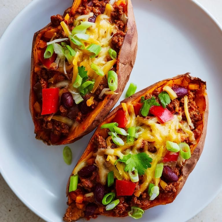 A forkful reveals tender baked sweet potato stuffed with chili's savory filling, for a satisfying meal.