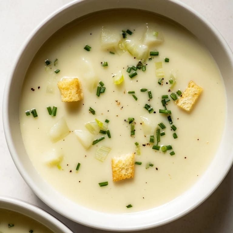 A close-up view of golden Potato Leek Soup, garnished with fresh herbs, ready for a comforting dinner.