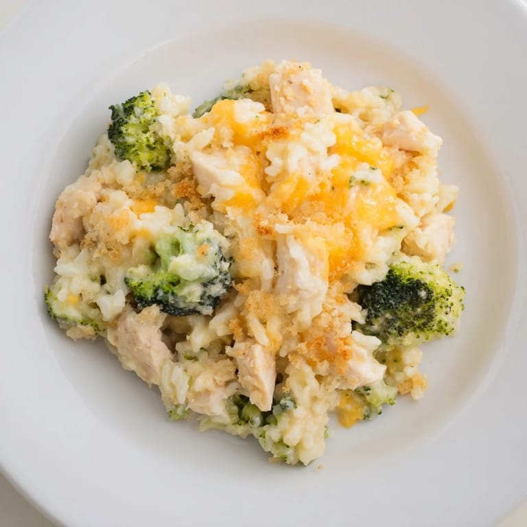 A close-up view of creamy, cheesy Chicken & Broccoli Rice Casserole with a crispy breadcrumb topping.