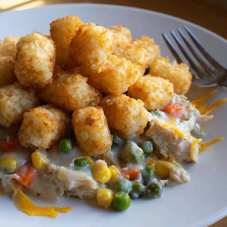 A bubbling 9x13 dish filled with savory tater tot chicken pot pie ready to serve.