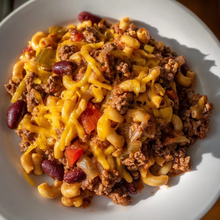 Creamy melted cheddar blankets the surface of this hearty Cheeseburger Chili Mac Skillet dish.