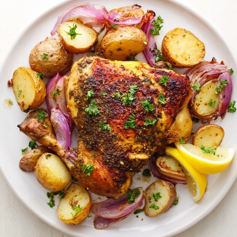 Crispy, golden-brown Sheet Pan Zaatar Chicken thighs and potatoes with fresh parsley garnish await.