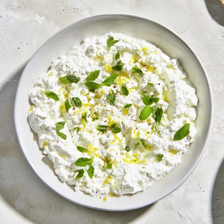 Freshly drizzled whipped feta with bright lemon notes and mint, a delicious appetizer to share.