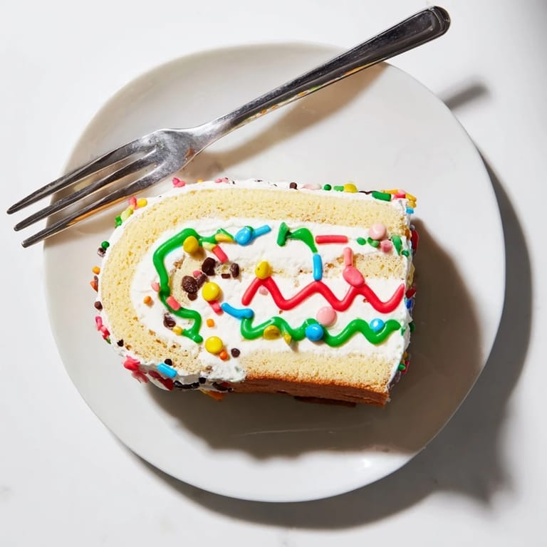 Delicious sliced Ugly Sweater Cake Roll, showcasing creamy filling and whimsical holiday decorations.