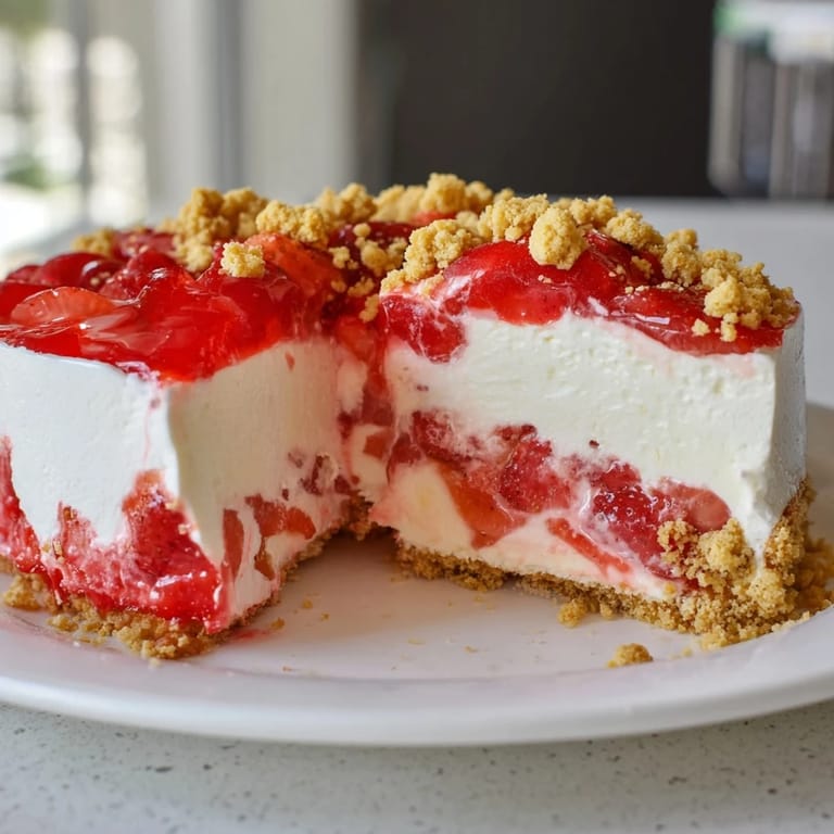 This delightful photo features a layered strawberry shortcake cheesecake with visible strawberry pieces and a crust.