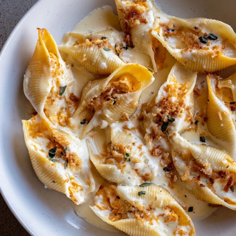 A baking dish filled with richly sauced Pumpkin & Gouda Stuffed Shells, ready to be served.