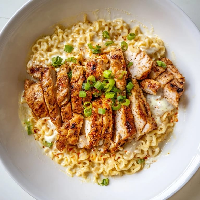Close-up of vibrant Fiery Chicken Ramen highlighting savory noodles, creamy garlic sauce, and chili-infused chicken slices.