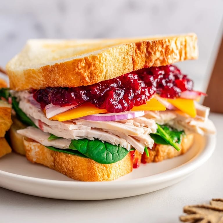 Perfectly stacked Budget Christmas Sandwich on brioche, oozing cranberry sauce, a festive holiday meal idea.