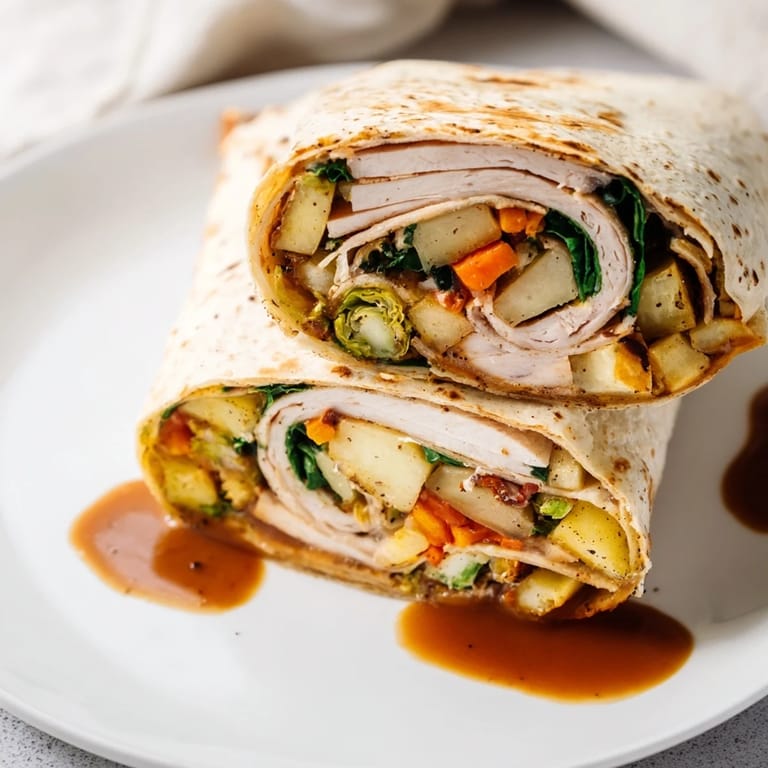 A close-up of a halved Simple Christmas Leftover Wrap, featuring beautiful layers of festive flavors.