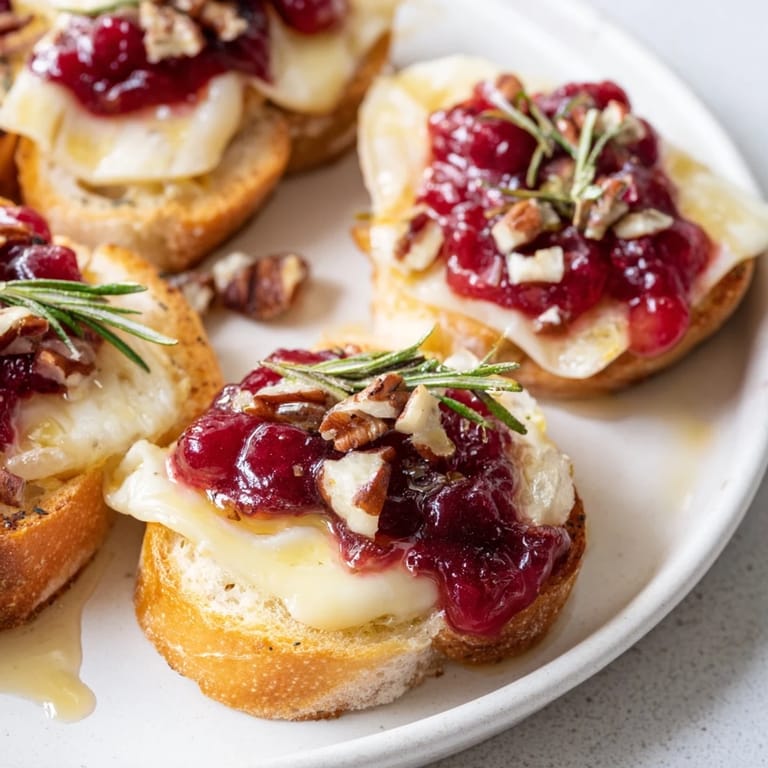 Close-up of Quick Cranberry Brie Crostini, featuring creamy Brie and ruby red cranberry topping, ready to serve.