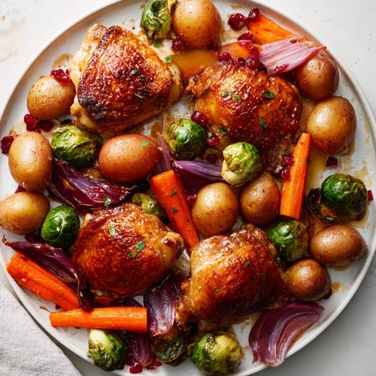 Golden brown roasted sheet pan chicken alongside vibrant vegetables drizzled with tangy cranberry vinaigrette, ready to eat!