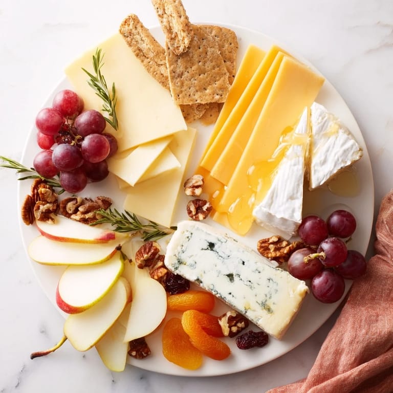 A beautiful Autumn Leaf Cheese Platter displays creamy brie, cheddar, fruit, nuts, and crackers.
