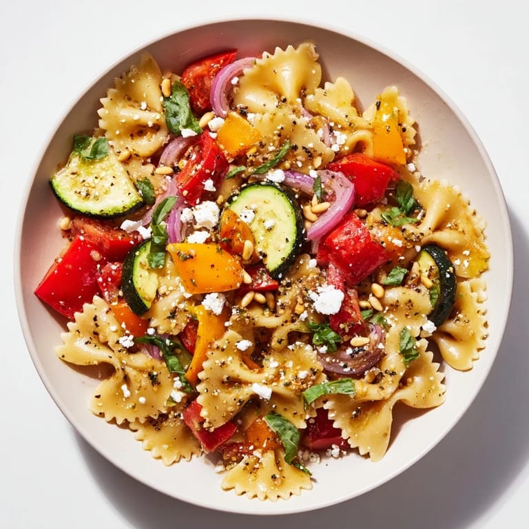 A beautiful photo of the delicious Festive Bow Tie Pasta Platter, ready to serve with lemon dressing.