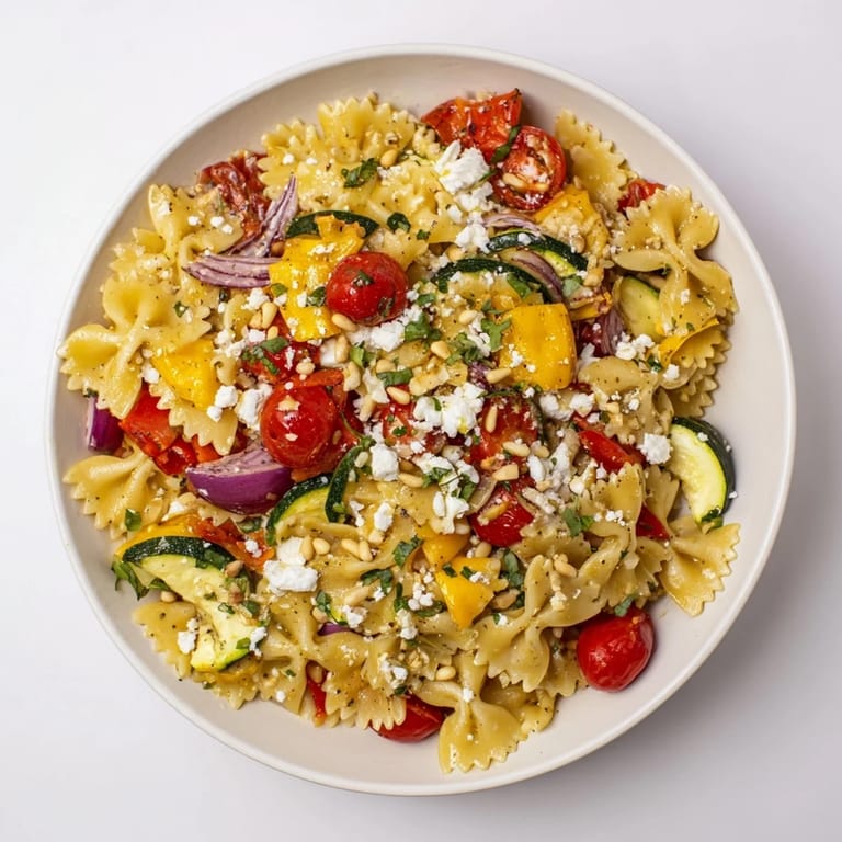 Bow Tie Pasta Platter, a vegetarian Italian dish with vibrant roasted veggies and an aromatic flavor.