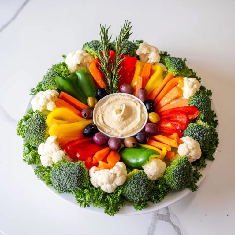 Close-up of the fresh Garland Veggie Wreath, showcasing an array of colorful, crisp vegetables and creamy dip.
