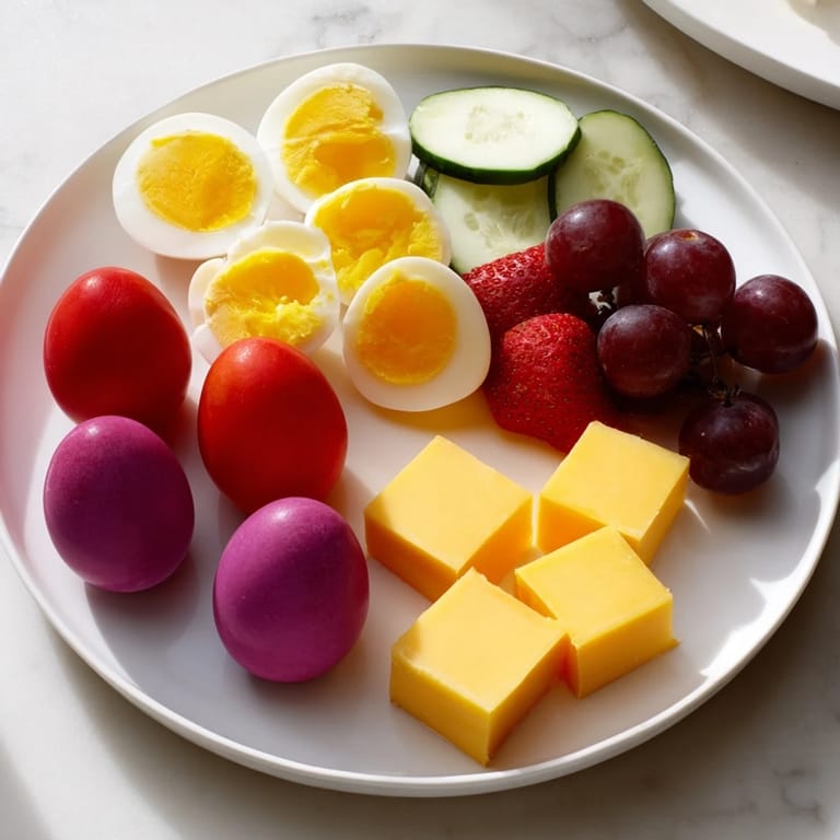 Enjoy this gorgeous Easter Egg-cellent Brunch Board, showcasing hard-boiled eggs, berries, and delicious cheeses and breads.
