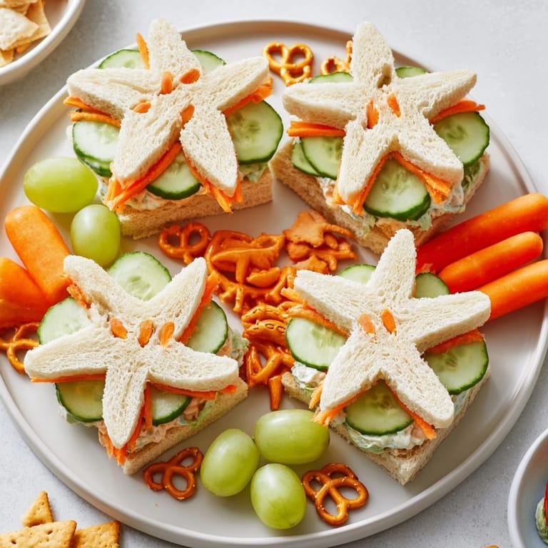 This colorful Beach Day Starfish snack features creatively cut sandwiches, served with fresh fruit.