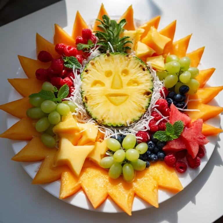 Bright, sweet fruit arranged in a sun shape: a delicious Summer Rays Sun-Shaped Fruit Tray.