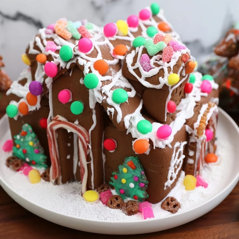 Homemade gingerbread house kit with gingerbread panels awaiting colorful candy decorations, delicious treat.