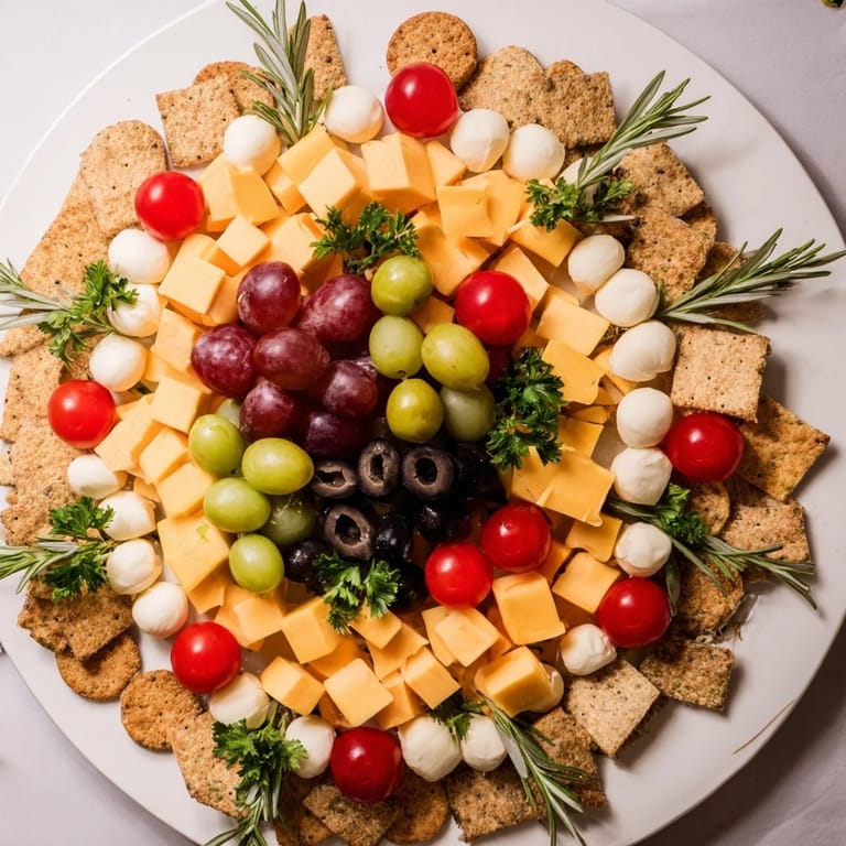 Enjoy a delightful Jingle Bell Cheese & Cracker Wreath, a colorful appetizer perfect for holiday gatherings.