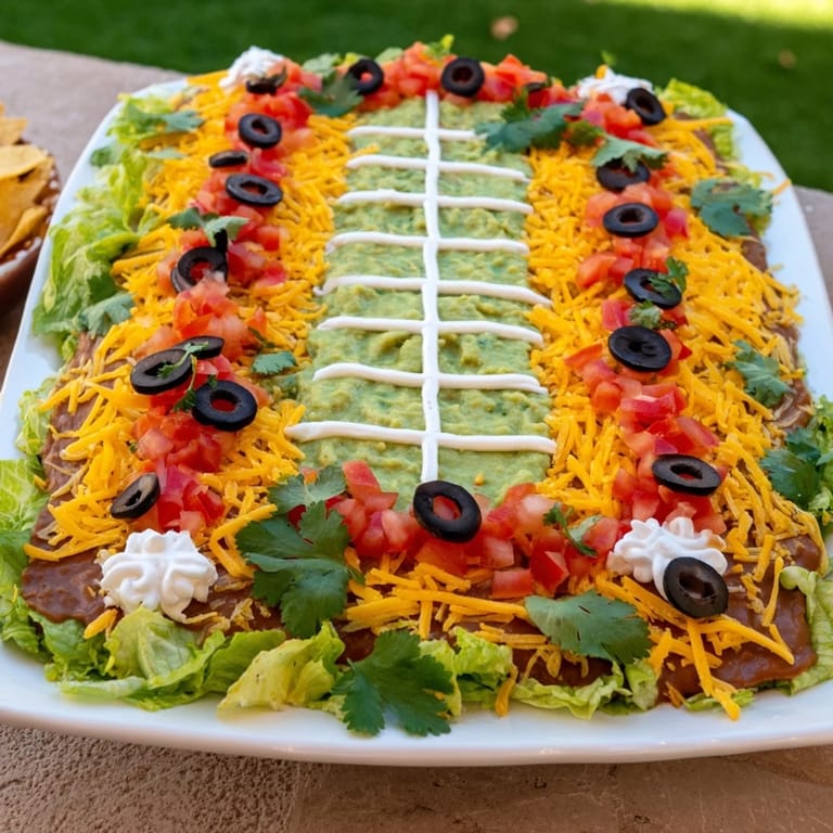 A cheerful Football Field Dip arrangement featuring visible layers of bean dip, cheese, and guacamole on a platter.