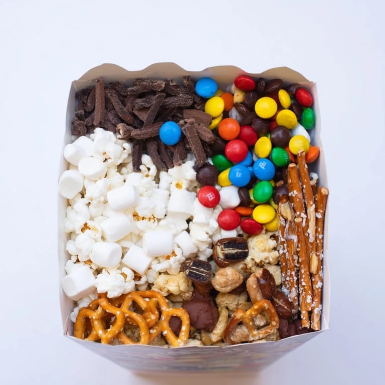 Filled popcorn boxes showcase a movie night treat display with colorful candies and crunchy pretzels.