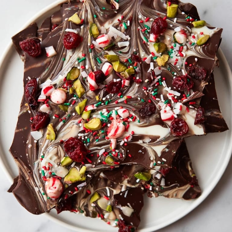 See a close-up of delicious Holiday Bark, with a swirl of white chocolate and crunchy toppings.