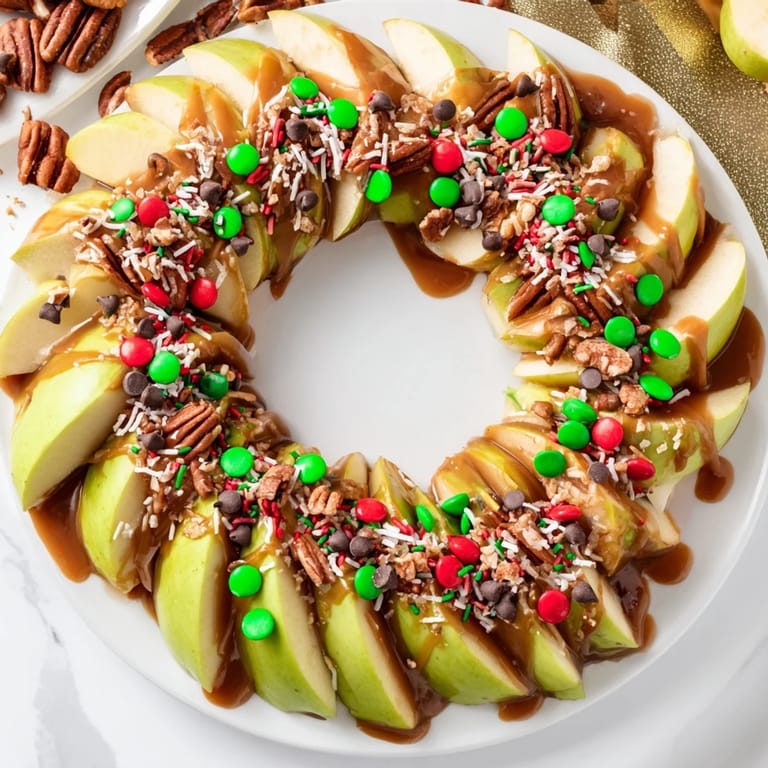 Delectable close-up of a caramel apple slice Christmas wreath, perfect for a holiday dessert display.