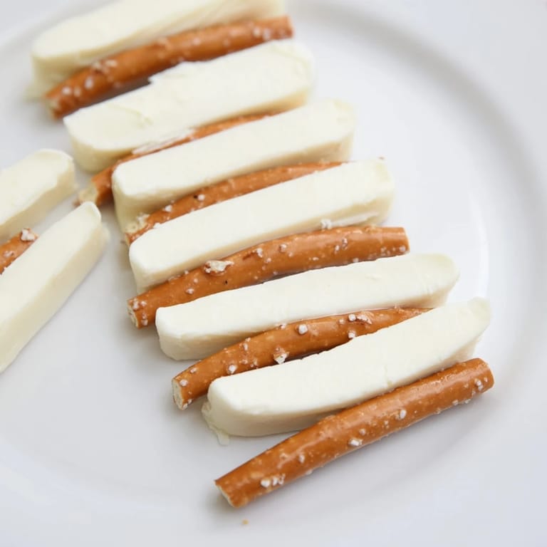 Delicious string cheese and pretzel rods served on a platter, ideal for a light, vegetarian snack.