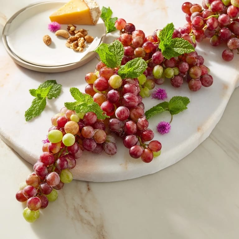 A beautiful display of ripe grapes spilling from the board, perfect for a fresh, easy appetizer.