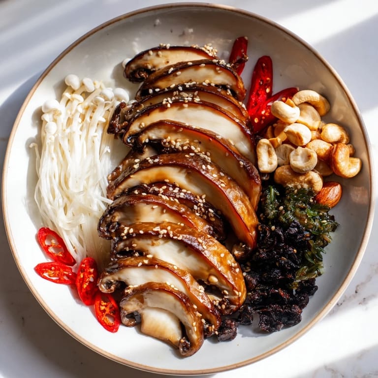 Vibrant Umami Bomb Asian Delight: a vegetarian platter with mushrooms, seaweed, and pickled vegetables.