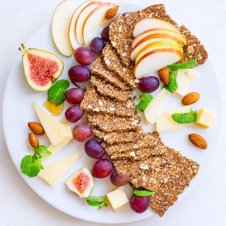 A rustic Harvest Scythe appetizer, showing sliced bread surrounding fresh, ripe fruits like apples and grapes.