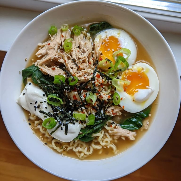 This close-up showcases creamy Chicken Ramen with Kewpie Mayo, fresh scallions, and tender chicken in a bowl.