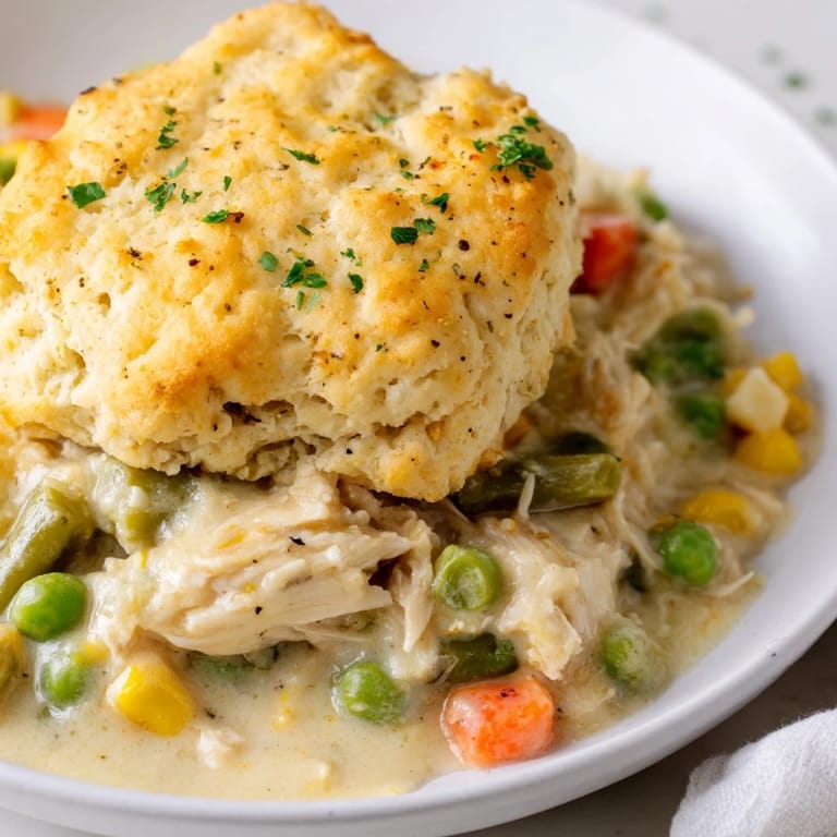 Close-up shot shows a comforting Chicken Cobbler with Red Lobster biscuit topping, perfect for family dinners.