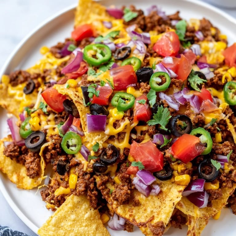 Warm, bubbling easy sheet-pan nachos showcasing perfectly melted cheese over seasoned beef and chips.
