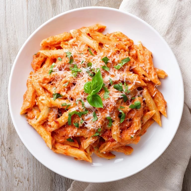 Creamy Basil Garlic One-Pot Creamy Tomato Pasta, swirled with Parmesan, ready to serve with a garnish.