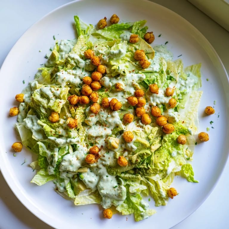 Creamy Green Goddess Salad, topped with crunchy, spiced air-fried chickpeas, ready to eat and enjoy.