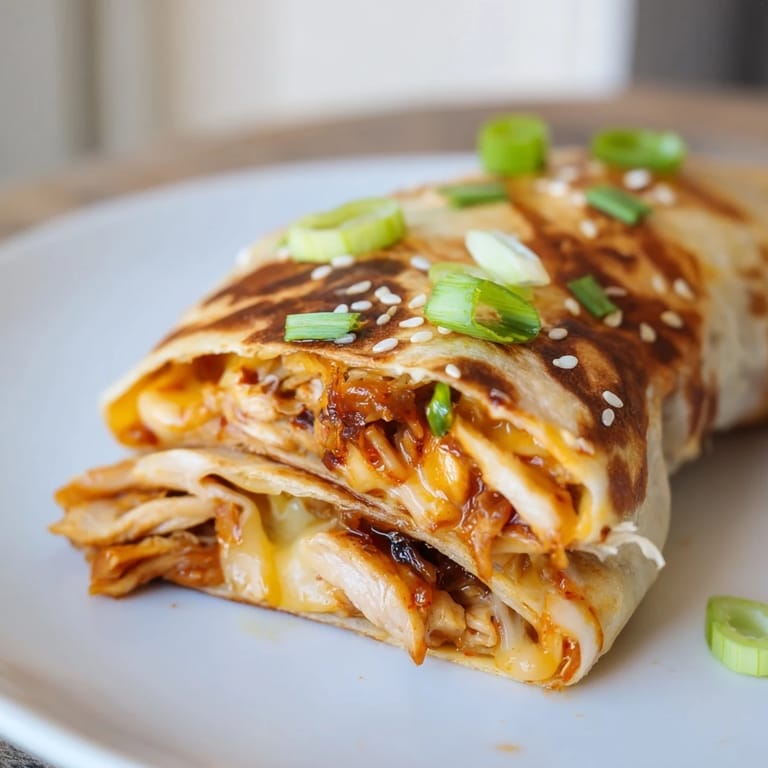 Crispy flour tortilla showcasing the delicious Korean BBQ Chicken Wrap Grilled Cheese with sesame seeds.