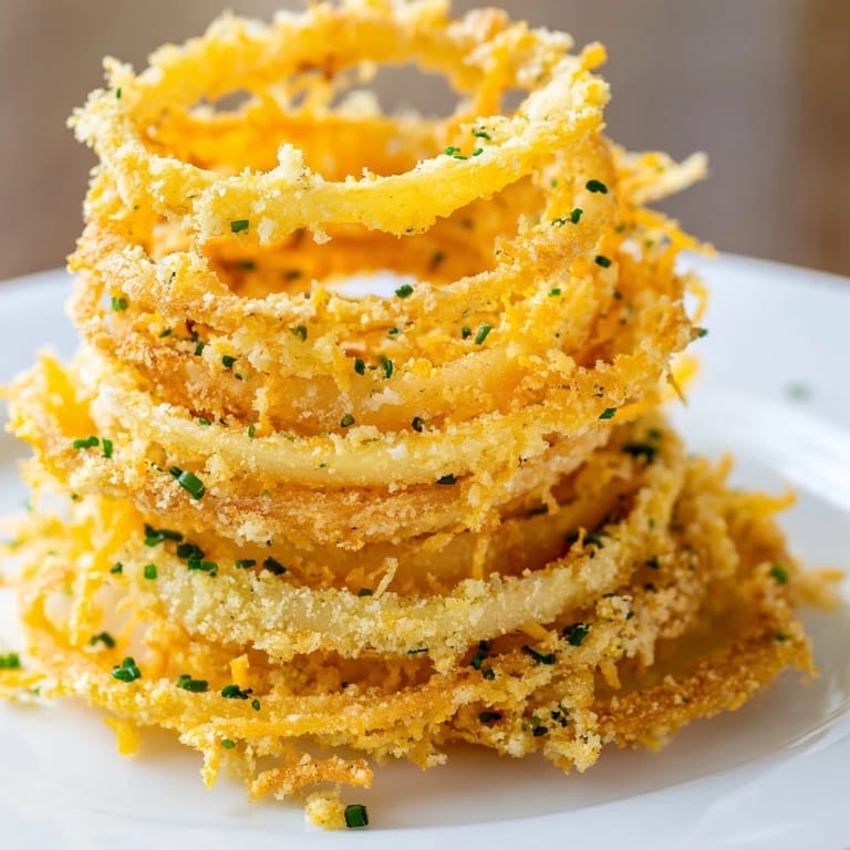 Air-fried Crispy Onion Cheese Chips, a low-carb appetizer topped with golden, bubbly cheddar cheese.