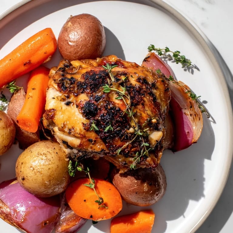 Sheet pan of juicy Maple Dijon Chicken Thighs, perfectly coated in a sweet and tangy glaze.