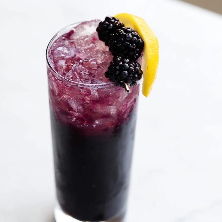 This dramatic Dark Matter Mocktail shows a layered effect, with blackberry syrup over a dark charcoal base, ready to drink.