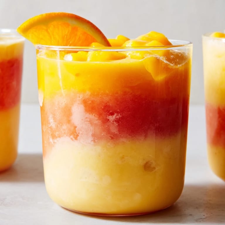 Bright, colorful layers of mango, passion fruit, and orange juice create this beautiful Tropical Sunset Smoothie.