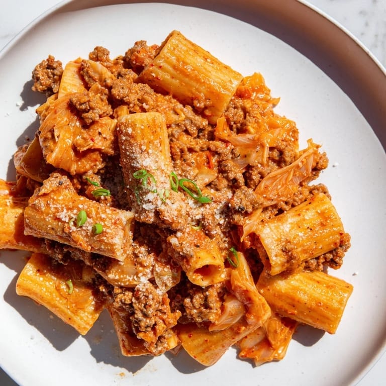 A close-up shot of the savory Chaos Cooking Kimchi Ragu Pasta, with rich tomato and kimchi hues.
