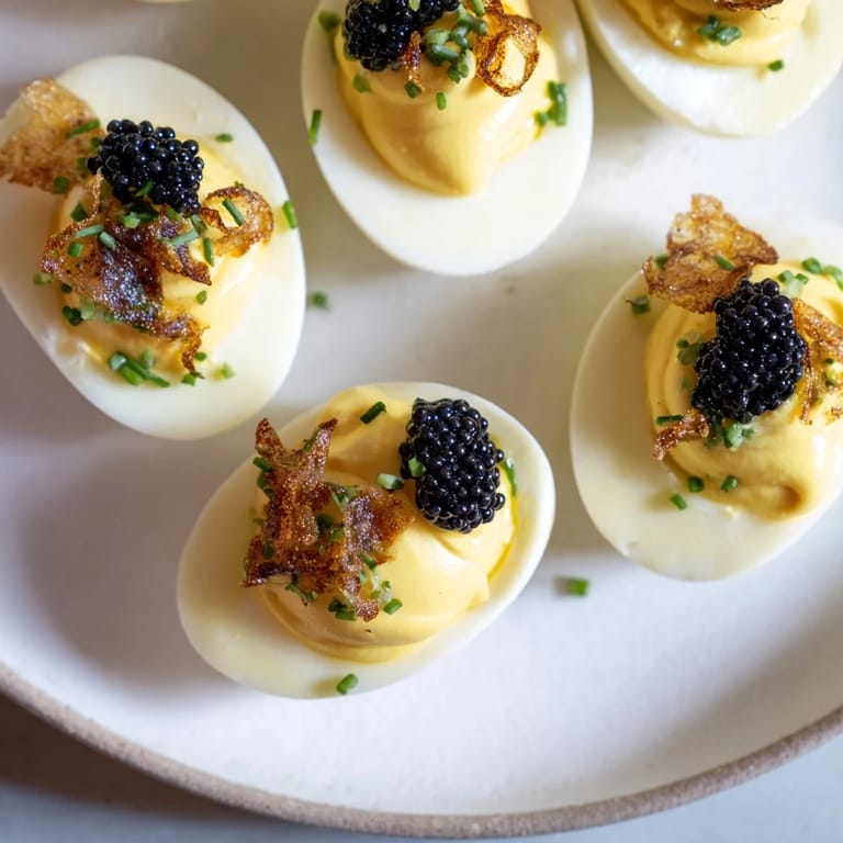 Beautifully arranged deviled eggs with caviar and crispy shallots, ready for serving and enjoying.