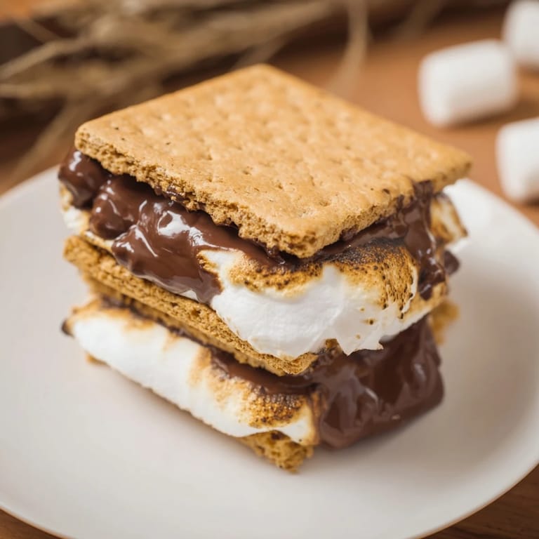 Gooey Air Fryer Smores: A close-up of melted chocolate and marshmallow between graham crackers.