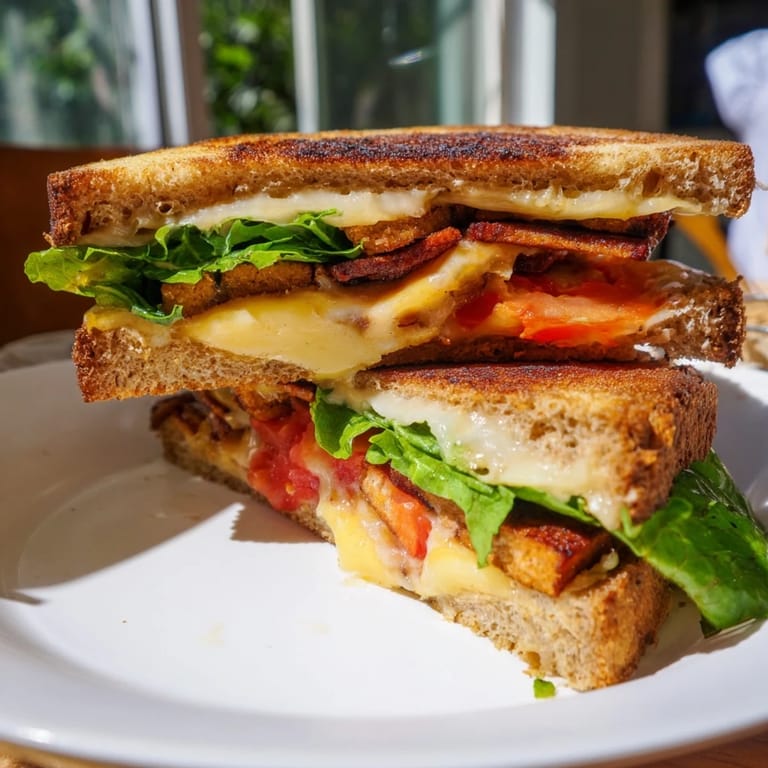 Vegan Bacon BLT Grilled Cheese served with creamy tomato soup for dipping.